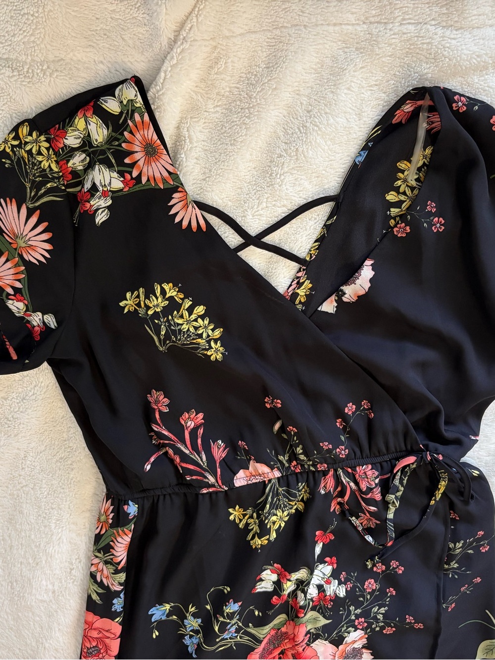 Black Floral Wrap Maxi Dress with Pink & Red Blooms - Picture 3 of 4